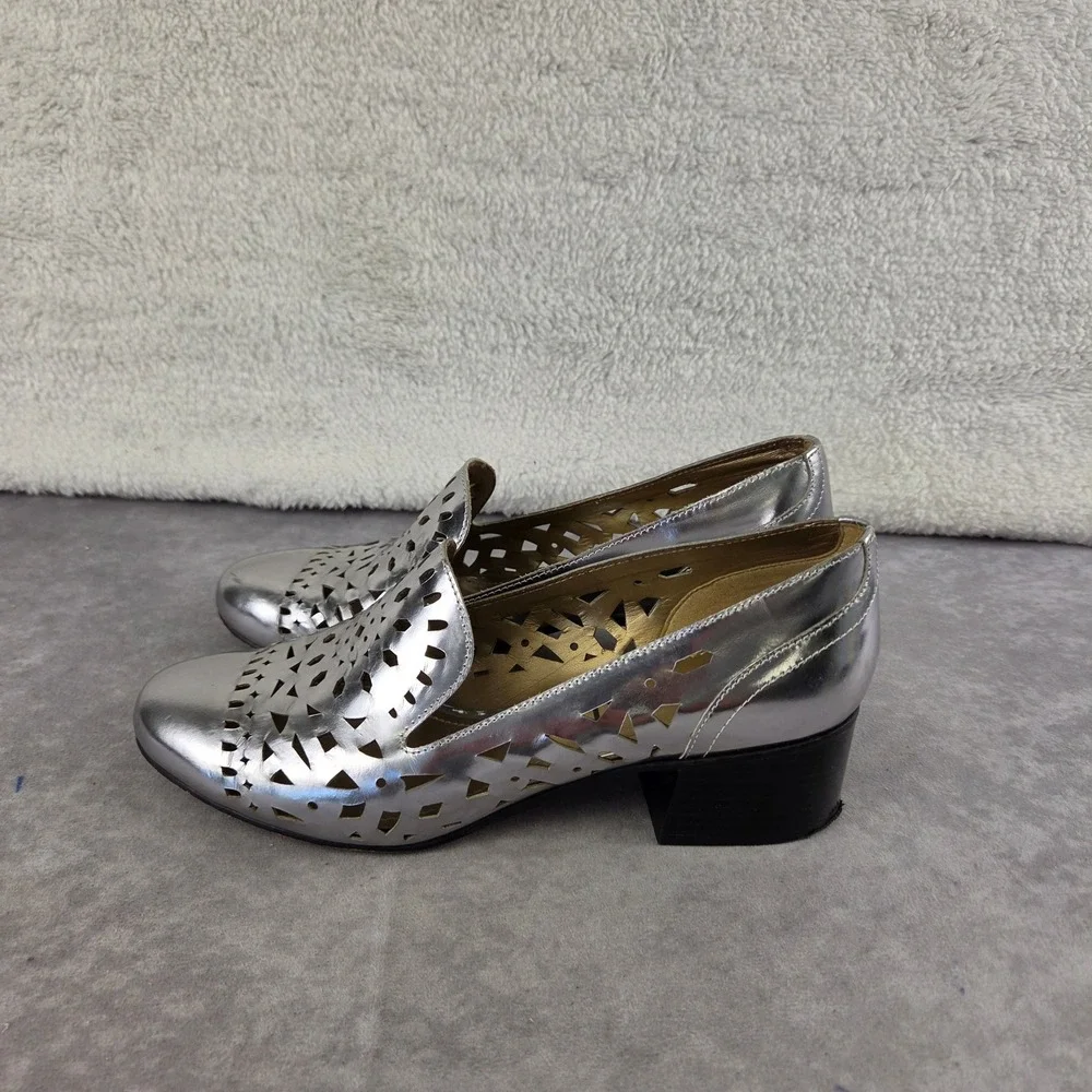 Anne Klein Judeena Silver Metallic Laser Cut Leather Block Heel Loafers 7.5M